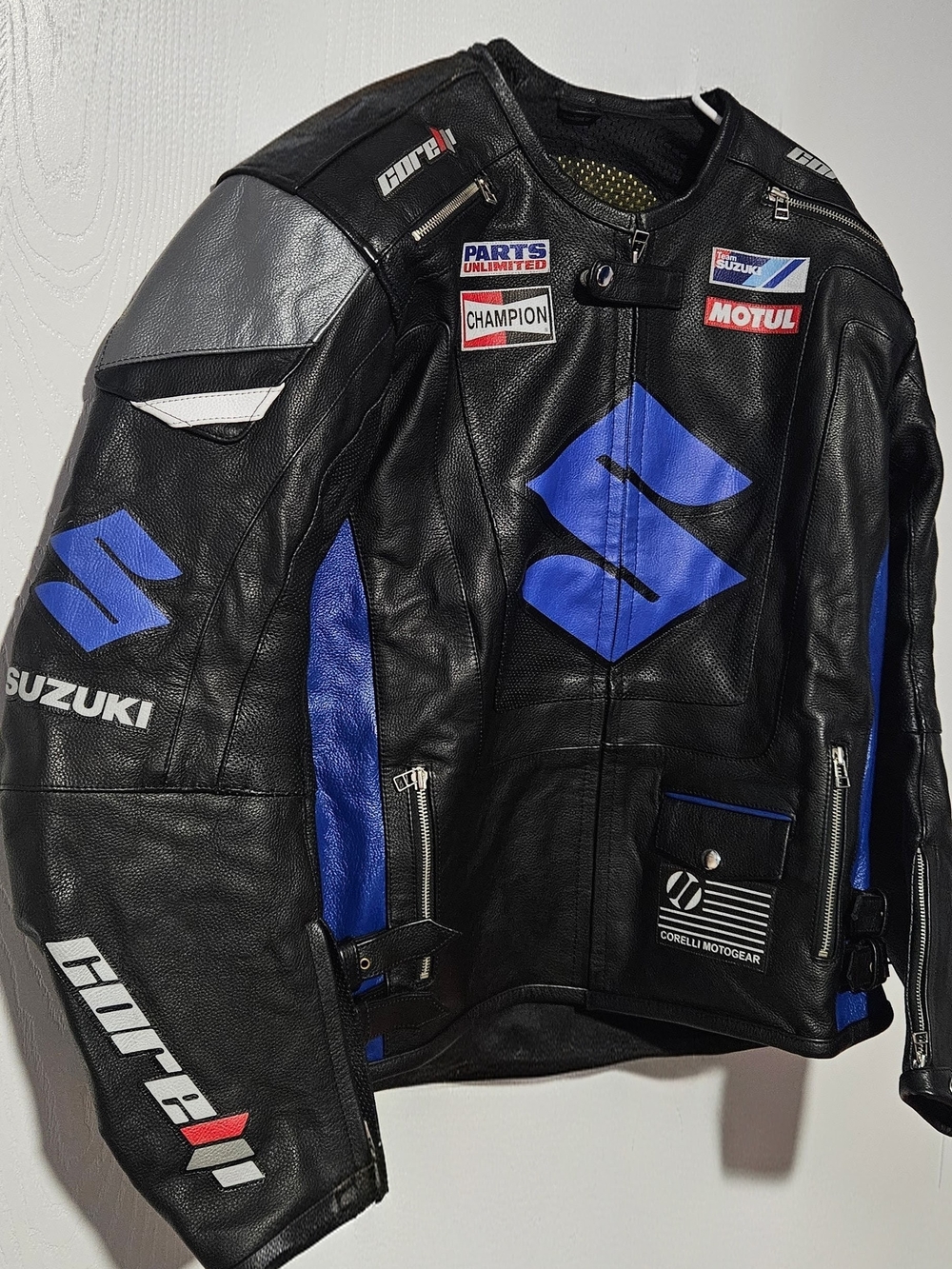 Men's Black & Blue Leather Motorcycle Jacket